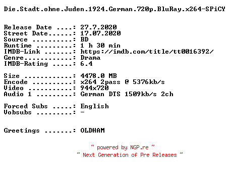 NFO for the release Die.Stadt.ohne.Juden.1924.German.720p.BluRay.x264-SPiCY by SPiCY