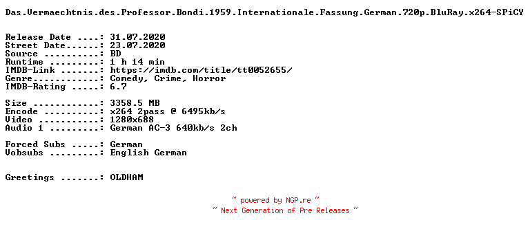 NFO for the release Das.Vermaechtnis.des.Professor.Bondi.1959.Internationale.Fassung.German.720p.BluRay.x264-SPiCY by SPiCY