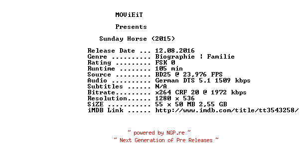 NFO for the release Sunday.Horse.2015.GERMAN.720p.BluRay.x264-MOViEiT by MOViEiT