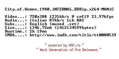 NFO for the release City.of.Women.1980.iNTERNAL.BDRip.x264-MANiC by MANiC
