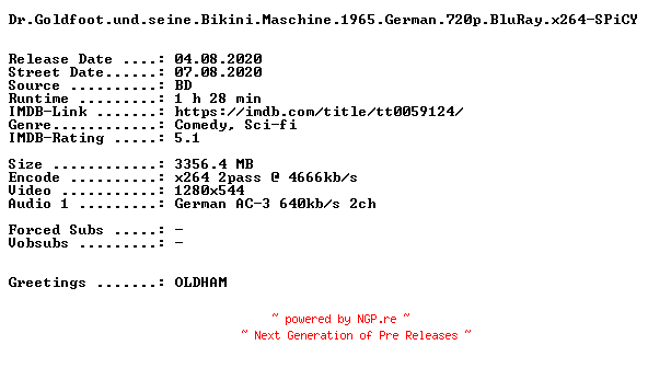 NFO for the release Dr.Goldfoot.und.seine.Bikini.Maschine.1965.German.720p.BluRay.x264-SPiCY by SPiCY