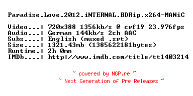 NFO for the release Paradise.Love.2012.iNTERNAL.BDRip.x264-MANiC by MANiC