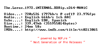 NFO for the release The.Lorax.1972.iNTERNAL.BDRip.x264-MANiC by MANiC