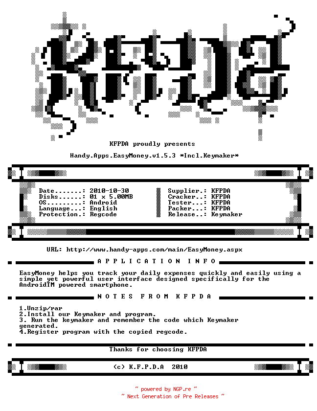 NFO for the release Handy.Apps.EasyMoney.v1.5.3.Android.Incl.Keymaker-KFPDA by KFPDA