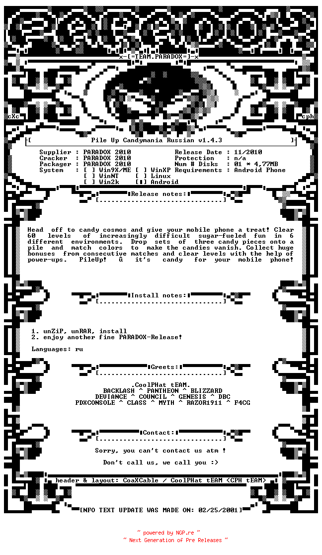 NFO for the release Pile_Up_Candymania_Russian_v1.4.3_ANDROiD-PDXPDA by PDXPDA