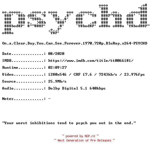 NFO for the release On.a.Clear.Day.You.Can.See.Forever.1970.720p.BluRay.x264-PSYCHD by PSYCHD