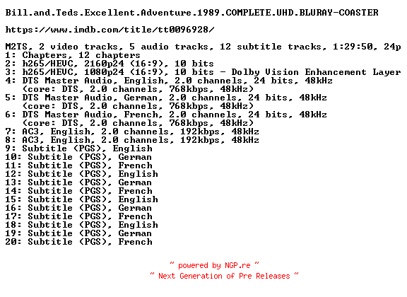 NFO for the release Bill.and.Teds.Excellent.Adventure.1989.COMPLETE.UHD.BLURAY-COASTER by COASTER