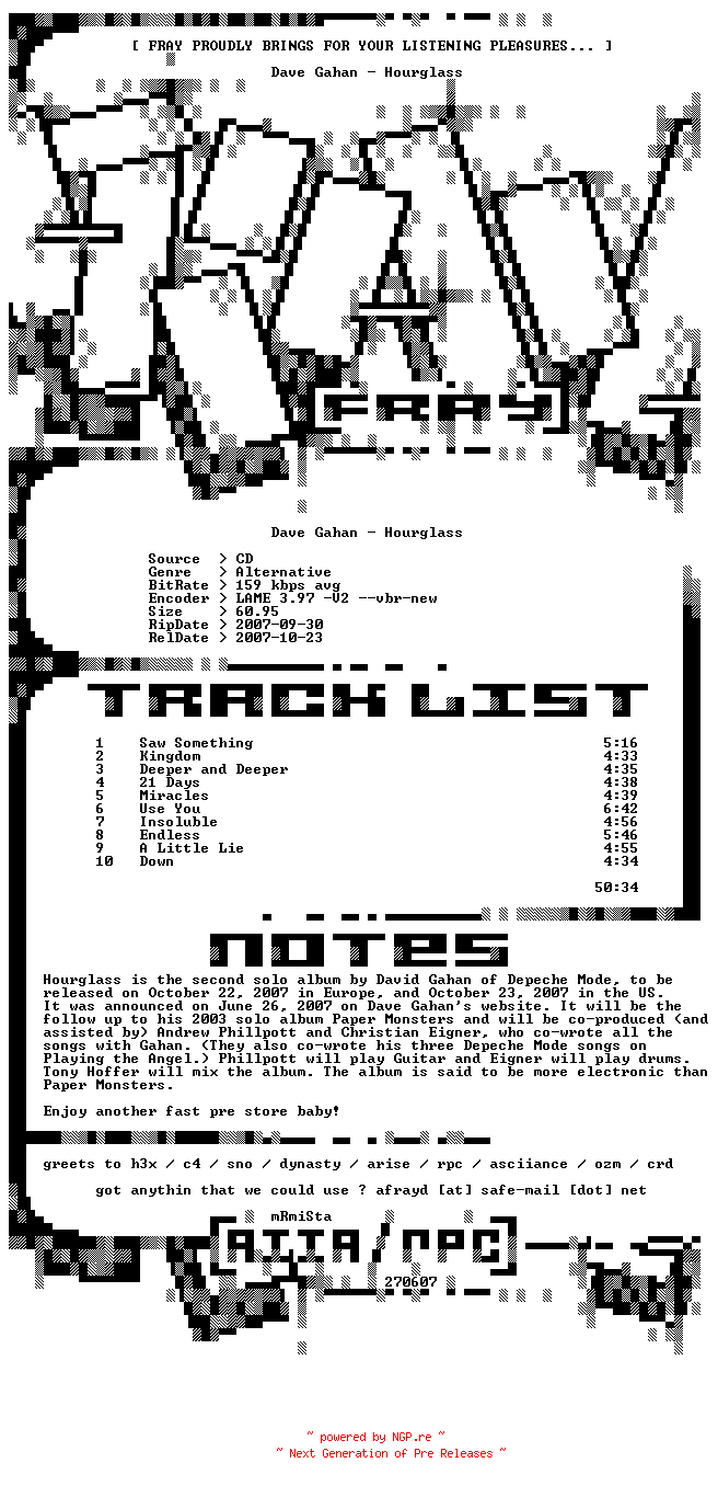 NFO for the release Dave_Gahan-Hourglass-2007-FRAY by FRAY