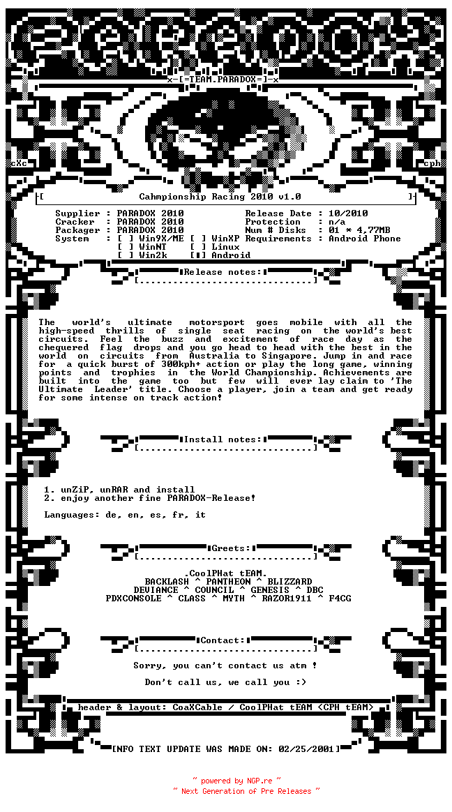NFO for the release Championship_Racing_2010_v1.0_ANDROiD-PDXPDA by PDXPDA