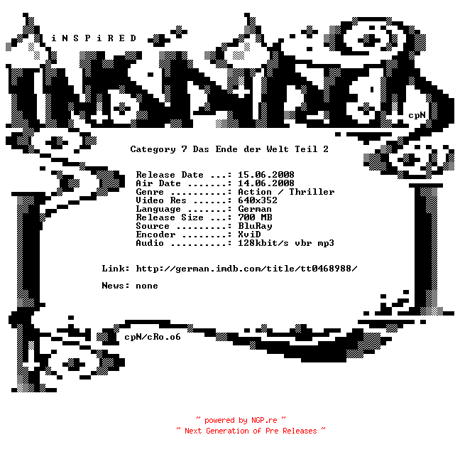 NFO for the release Category.7.Das.Ende.der.Welt.Teil2.German.Dubbed.WS.BluRayRip.XviD-iNSPiRED by iNSPiRED