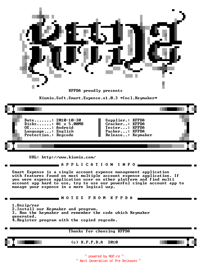 NFO for the release Kiumiu.Soft.Smart.Expense.v1.0.3.Android.Incl.Keymaker.READ.NFO-KFPDA by KFPDA