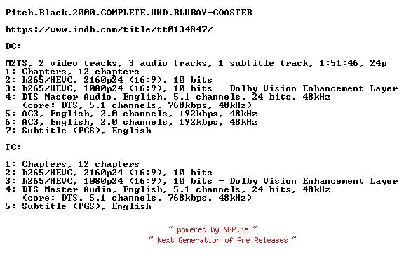 NFO for the release Pitch.Black.2000.COMPLETE.UHD.BLURAY-COASTER by COASTER