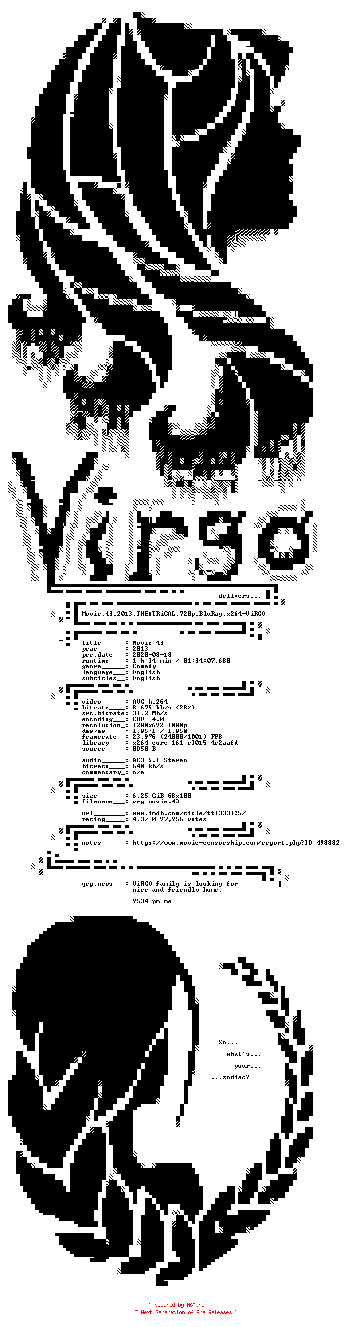 NFO for the release Movie.43.2013.THEATRiCAL.720p.BluRay.x264-ViRGO by ViRGO