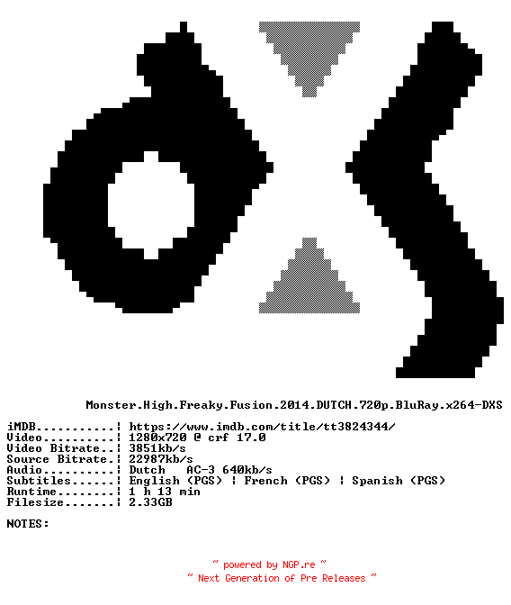 NFO for the release Monster.High.Freaky.Fusion.2014.DUTCH.720p.BluRay.x264-DXS by DXS