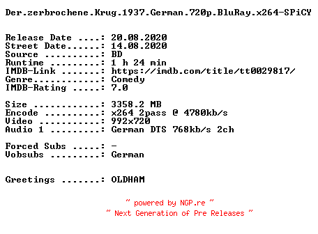 NFO for the release Der.zerbrochene.Krug.1937.German.720p.BluRay.x264-SPiCY by SPiCY
