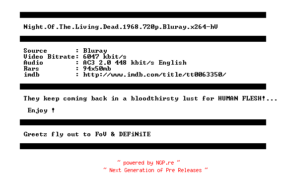 NFO for the release Night.Of.The.Living.Dead.1968.720p.Bluray.x264-hV by hV