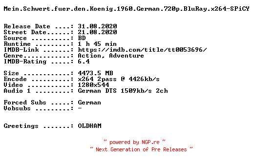 NFO for the release Mein.Schwert.fuer.den.Koenig.1960.German.720p.BluRay.x264-SPiCY by SPiCY