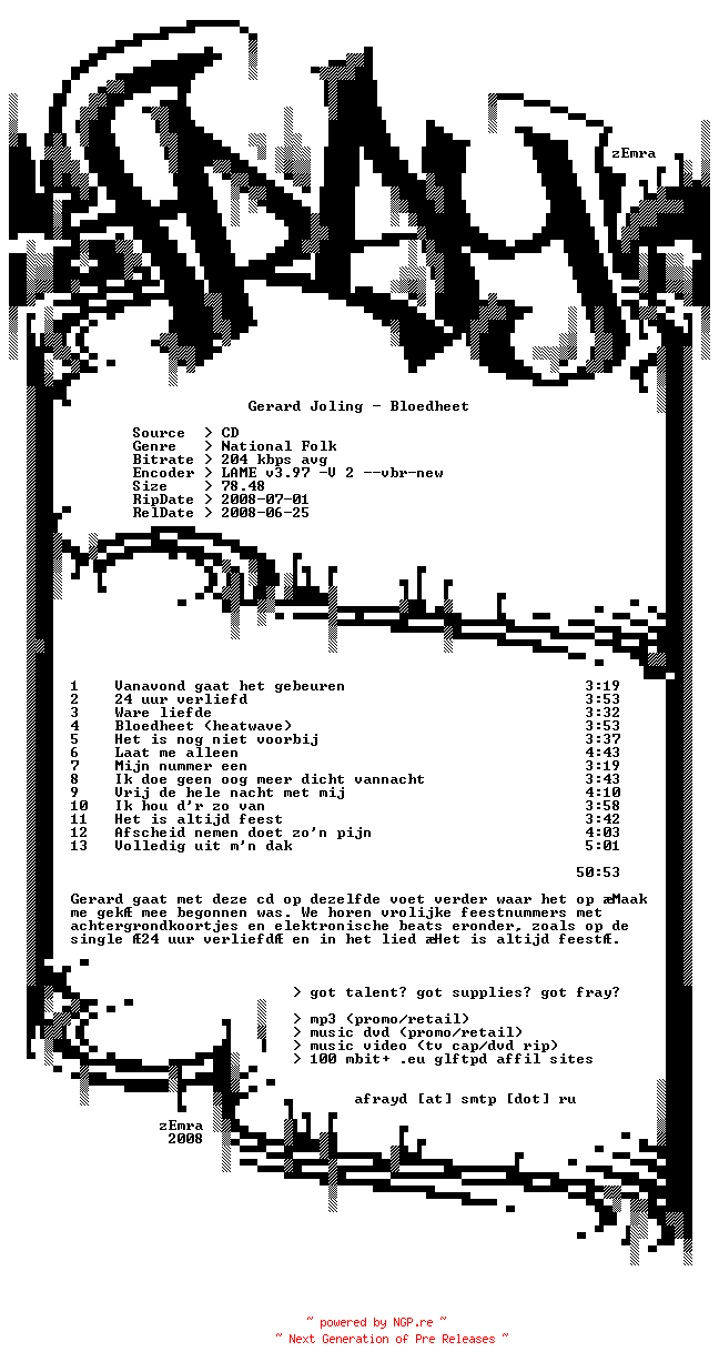NFO for the release Gerard_Joling-Bloedheet-NL-2008-FRAY by FRAY