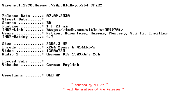 NFO for the release Sirene.1.1990.German.720p.BluRay.x264-SPiCY by SPiCY