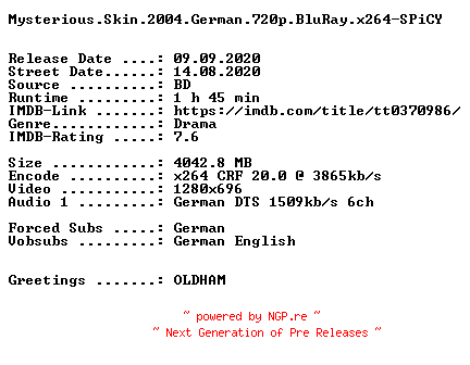 NFO for the release Mysterious.Skin.2004.German.720p.BluRay.x264-SPiCY by SPiCY