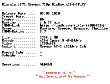 NFO for the release Blacula.1972.German.720p.BluRay.x264-SPiCY by SPiCY