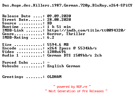 NFO for the release Das.Auge.des.Killers.1987.German.720p.BluRay.x264-SPiCY by SPiCY