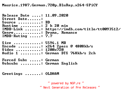 NFO for the release Maurice.1987.German.720p.BluRay.x264-SPiCY by SPiCY