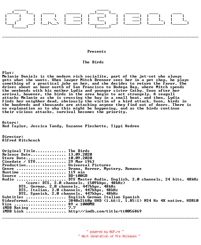 NFO for the release The.Birds.1963.MULTI.COMPLETE.UHD.BLURAY-PRECELL by PRECELL