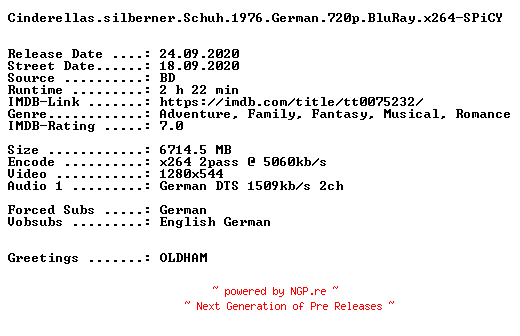 NFO for the release Cinderellas.silberner.Schuh.1976.German.720p.BluRay.x264-SPiCY by SPiCY