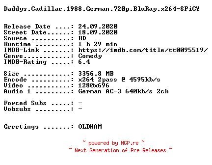 NFO for the release Daddys.Cadillac.1988.German.720p.BluRay.x264-SPiCY by SPiCY