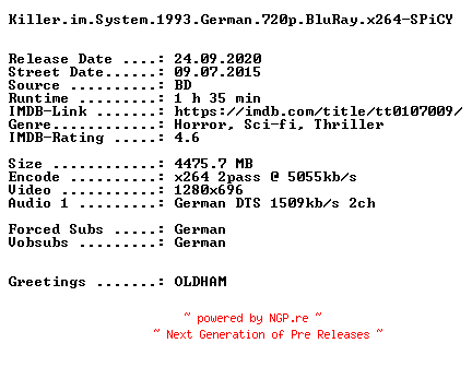 NFO for the release Killer.im.System.1993.UNCUT.German.720p.BluRay.x264-SPiCY by SPiCY