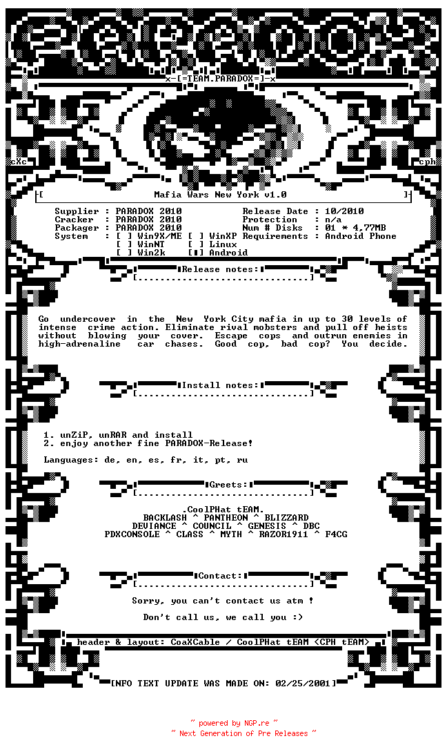 NFO for the release Mafia_Wars_New_York_v1.0_ANDROiD-PDXPDA by PDXPDA