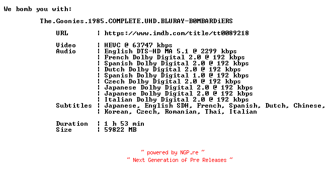 NFO for the release The.Goonies.1985.COMPLETE.UHD.BLURAY-B0MBARDiERS by B0MBARDiERS