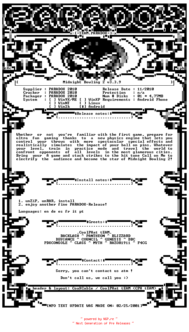 NFO for the release Midnight_Bowling_2_v3.3.9_ANDROiD-PDXPDA by PDXPDA