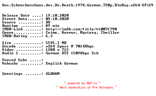 NFO for the release Das.Schreckenshaus.des.Dr.Death.1974.German.720p.BluRay.x264-SPiCY by SPiCY