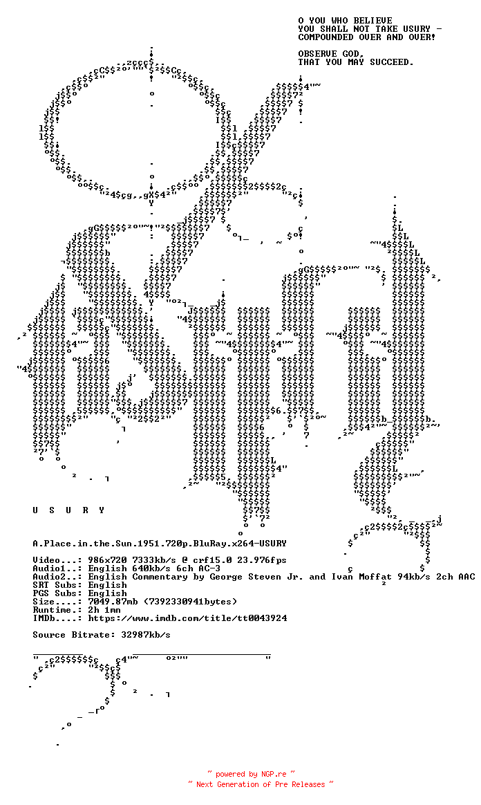 NFO for the release A.Place.in.the.Sun.1951.720p.BluRay.x264-USURY by USURY