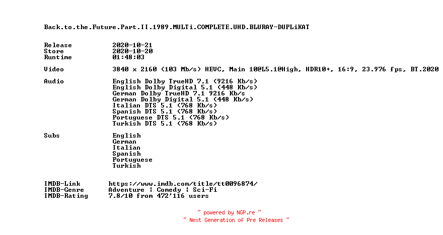 NFO for the release Back.to.the.Future.Part.II.1989.MULTi.COMPLETE.UHD.BLURAY-DUPLiKAT by DUPLiKAT