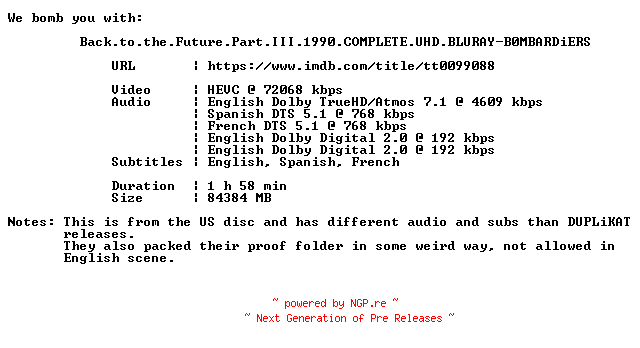 NFO for the release Back.to.the.Future.Part.III.1990.COMPLETE.UHD.BLURAY-B0MBARDiERS by B0MBARDiERS