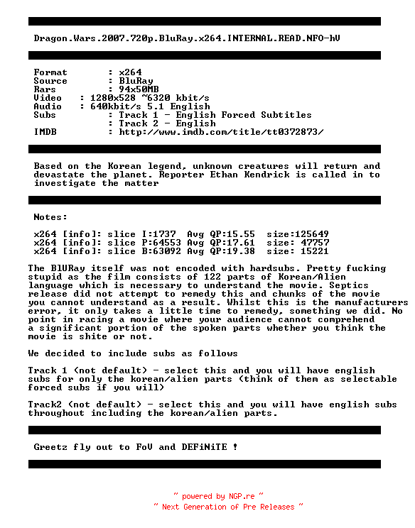 NFO for the release Dragon.Wars.2007.720p.BluRay.x264.iNTERNAL.READ.NFO-hV by hV