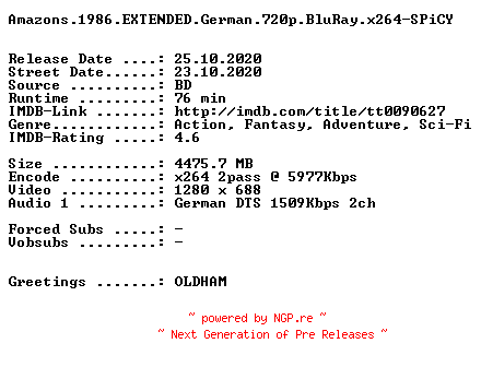 NFO for the release Amazons.1986.EXTENDED.German.720p.BluRay.x264-SPiCY by SPiCY