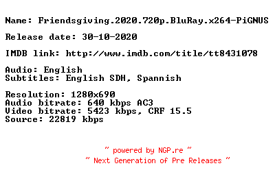 NFO for the release Friendsgiving.2020.720p.BluRay.x264-PiGNUS by PiGNUS