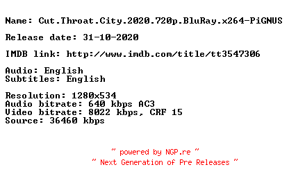 NFO for the release Cut.Throat.City.2020.720p.BluRay.x264-PiGNUS by PiGNUS