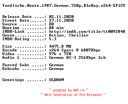 NFO for the release Toedliche.Beute.1987.German.720p.BluRay.x264-SPiCY by SPiCY