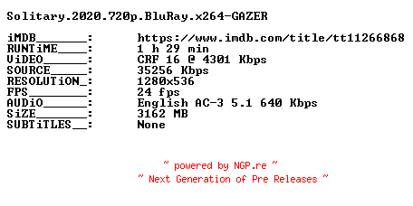 NFO for the release Solitary.2020.720p.BluRay.x264-GAZER by GAZER
