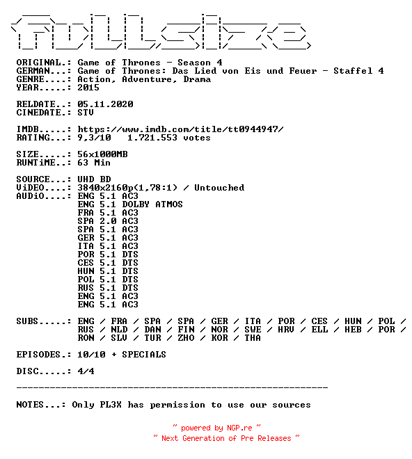 NFO for the release Game.of.Thrones.S04D04.MULTI.COMPLETE.UHD.BLURAY-FULLSiZE by FULLSiZE