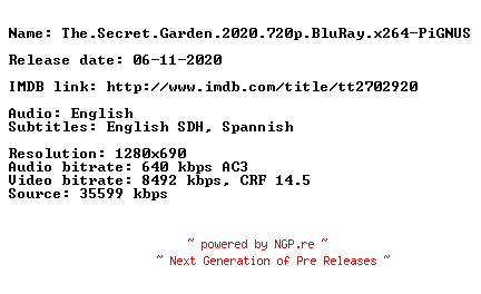 NFO for the release The.Secret.Garden.2020.720p.BluRay.x264-PiGNUS by PiGNUS