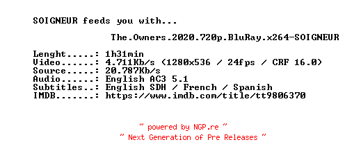 NFO for the release The.Owners.2020.720p.BluRay.x264-SOIGNEUR by SOIGNEUR