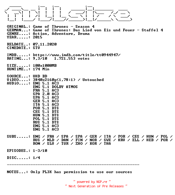 NFO for the release Game.of.Thrones.S04D01.MULTI.COMPLETE.UHD.BLURAY-FULLSiZE by FULLSiZE