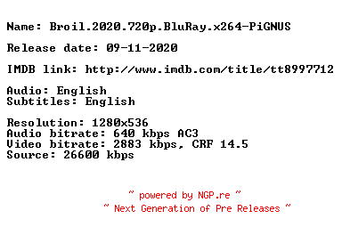 NFO for the release Broil.2020.720p.BluRay.x264-PiGNUS by PiGNUS