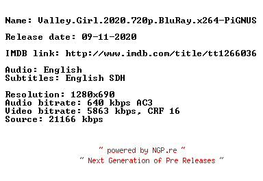 NFO for the release Valley.Girl.2020.720p.BluRay.x264-PiGNUS by PiGNUS